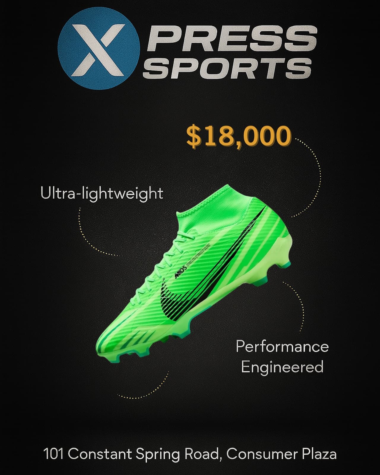 Green Nike Mercurial football boots, priced $18,000 in store at Xpress Sports Kingston