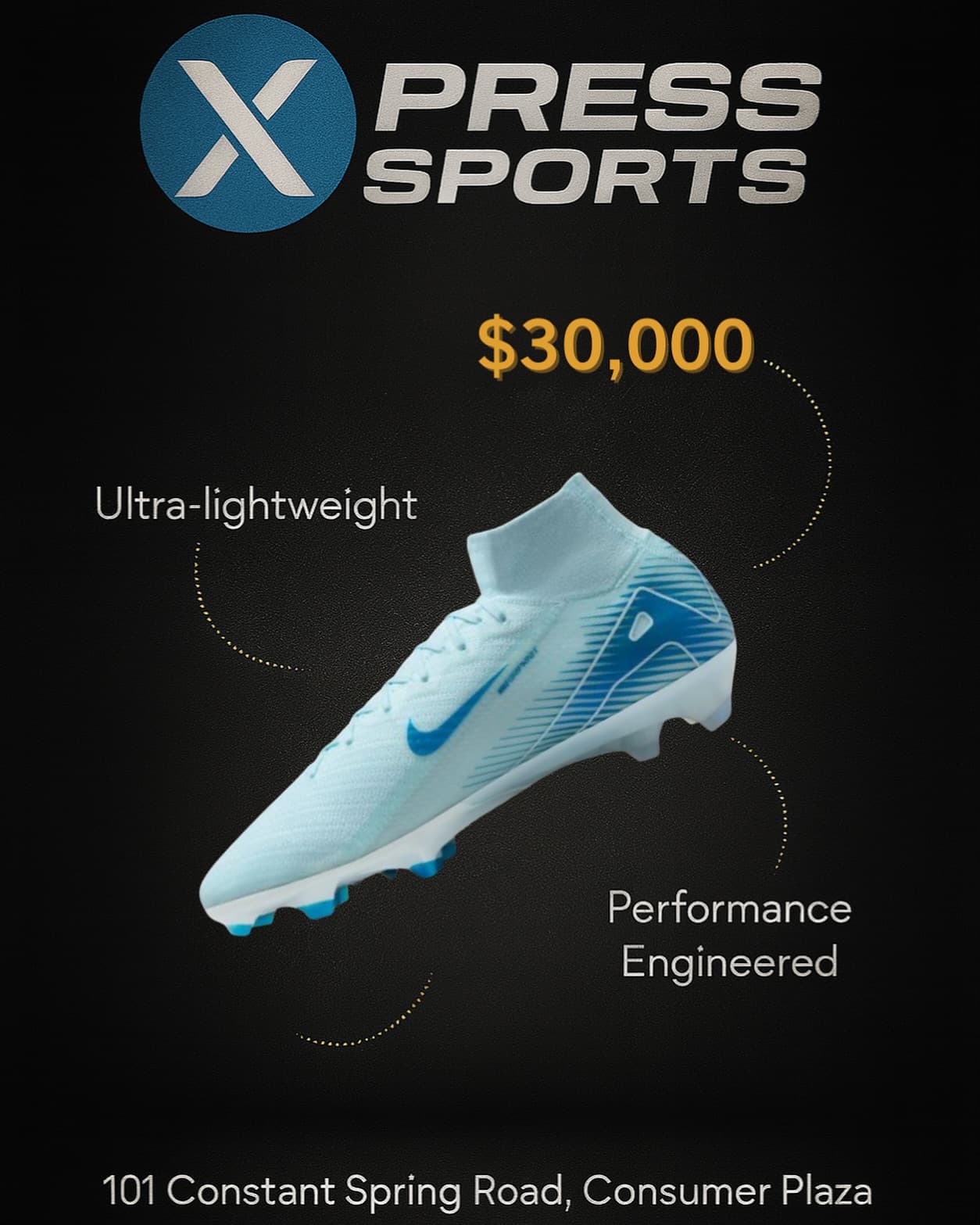 Ice-blue Nike Mercurial football boots, priced $30,000 in store at Xpress Sports Kingston