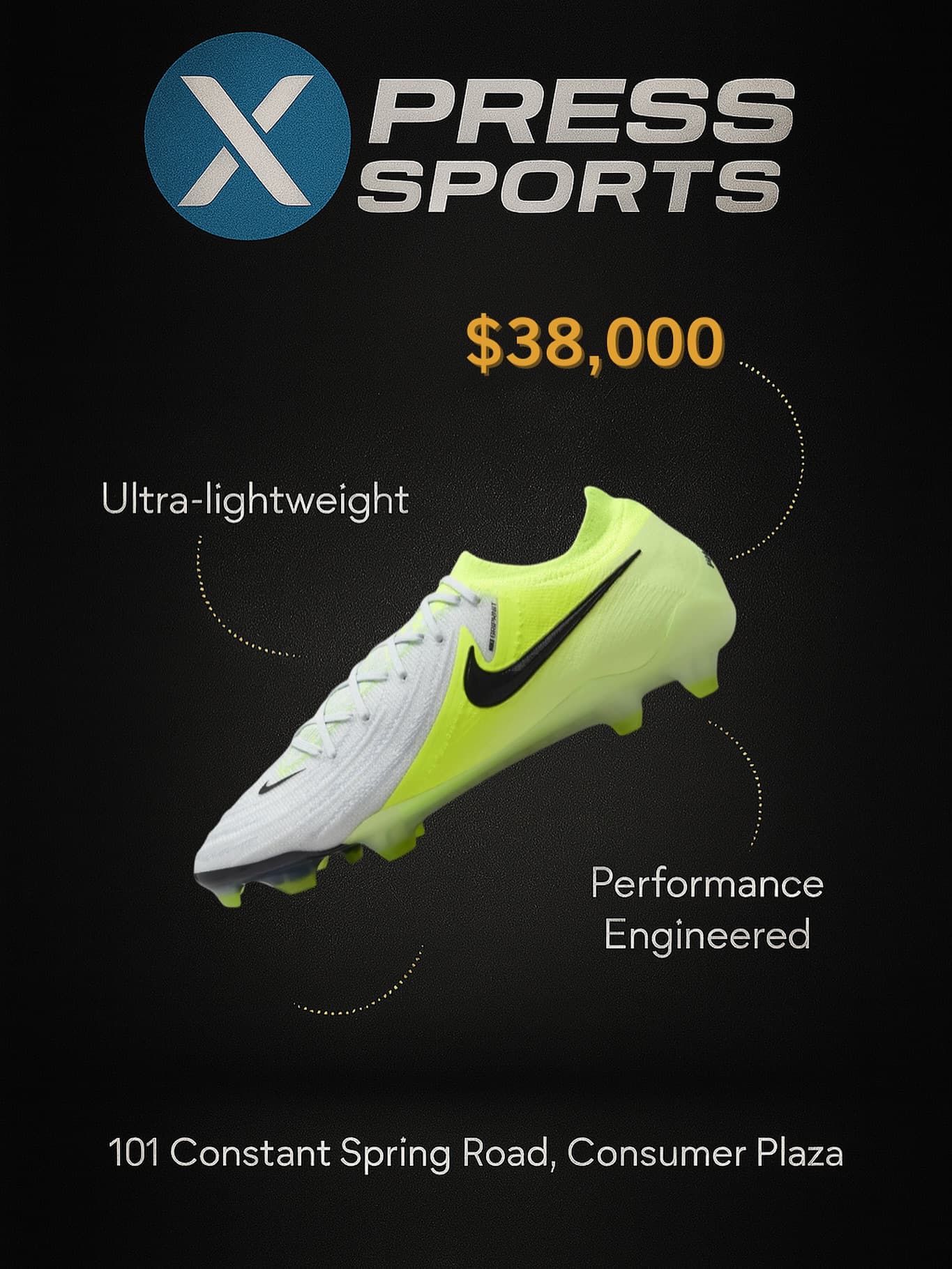 Volt and white Nike Phantom football boots, priced $38,000 in store at Xpress Sports Kingston