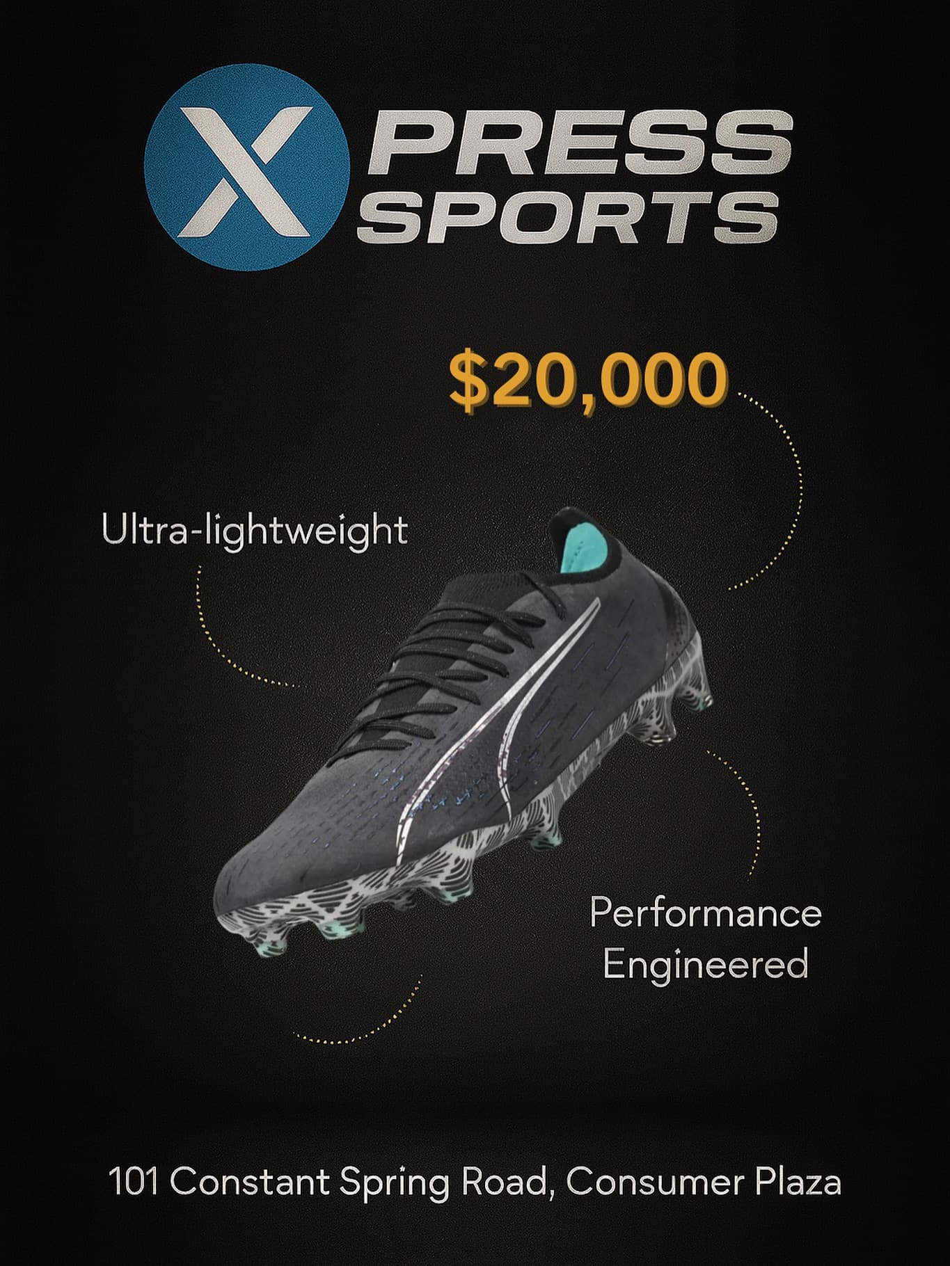 Black Puma Ultra football boots, priced $20,000 in store at Xpress Sports Kingston