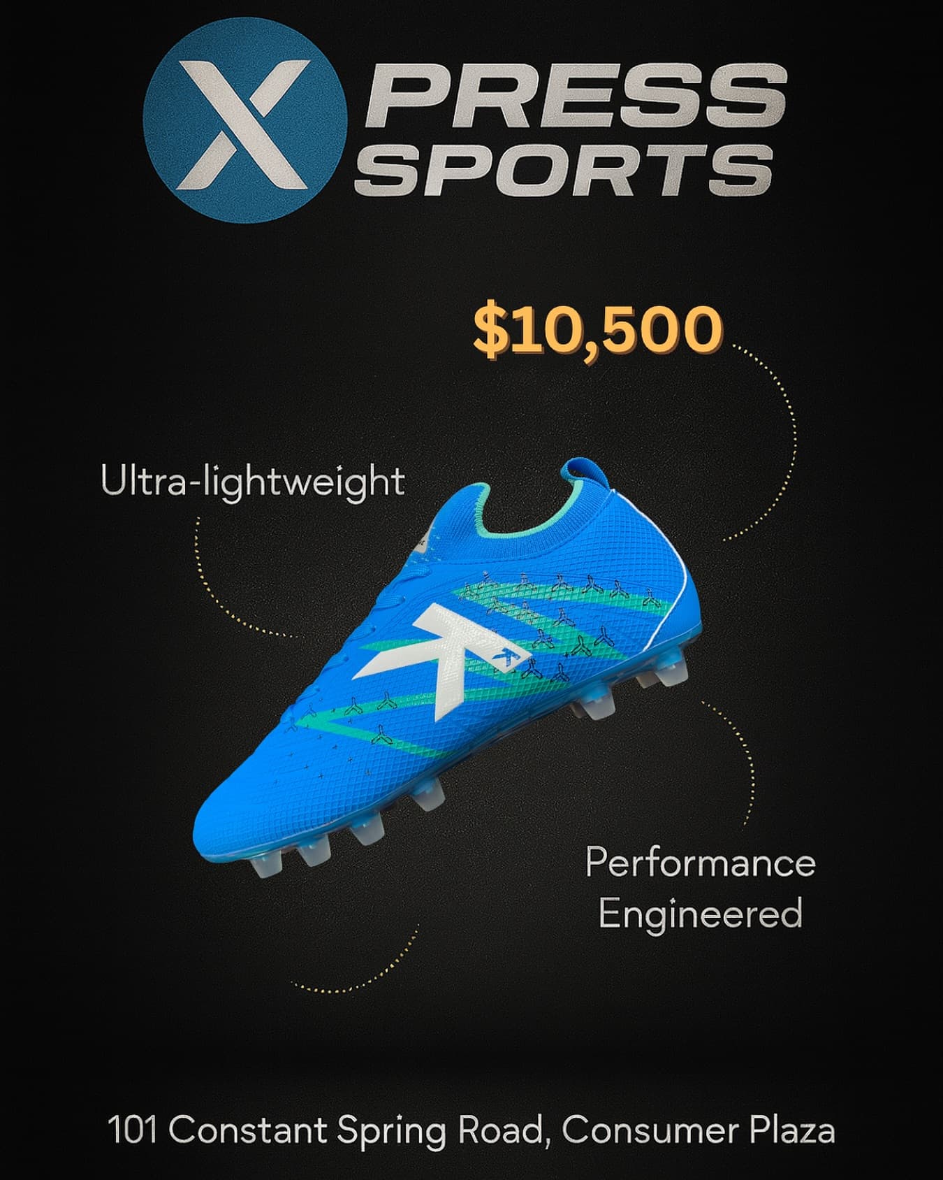 Blue Xpress firm-ground football boots, priced $10,500 in store at Xpress Sports Kingston